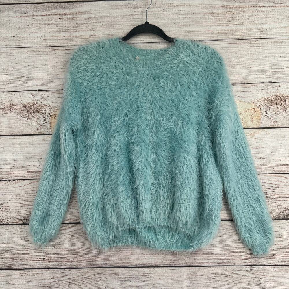 Raga Faux Fur Crewneck Sweater Womens XS Mint Blue‎ Stretch NEW